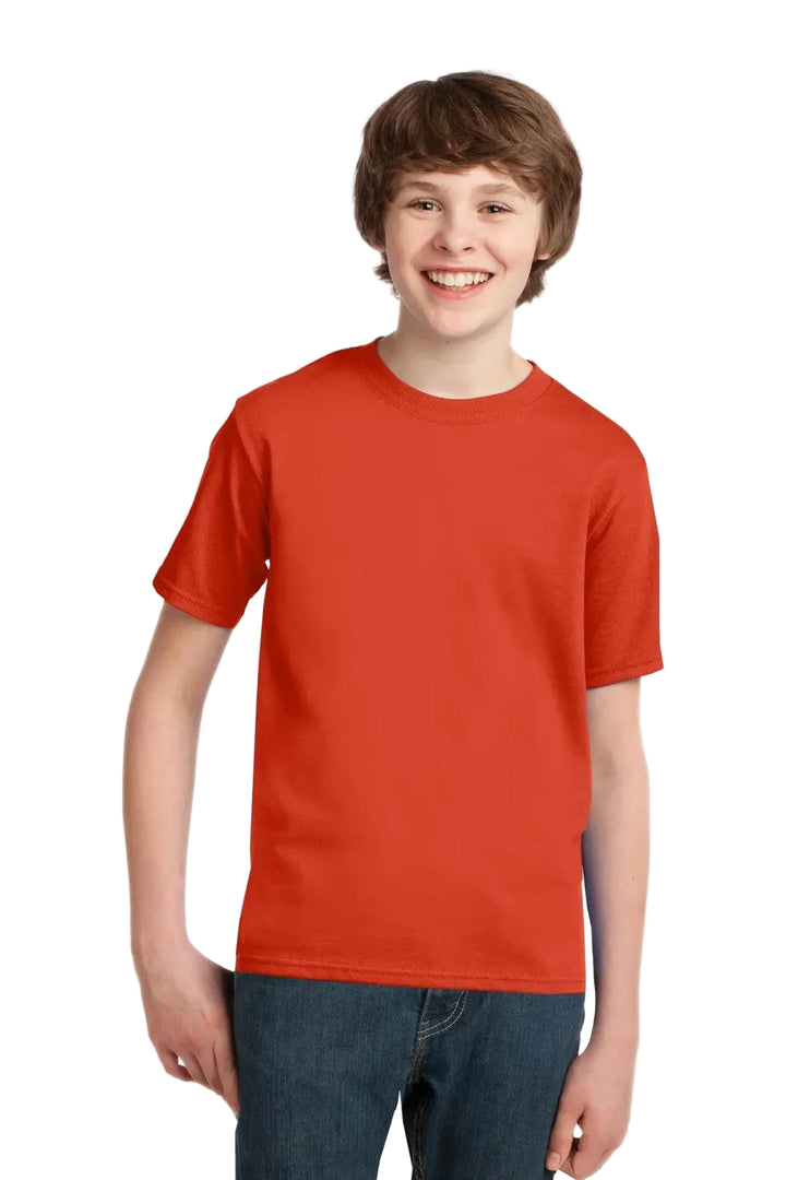 Young boy wearing a red t-shirt on a white background