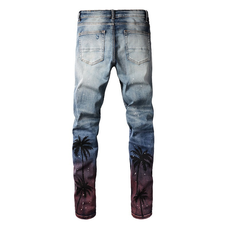 Men's Paint-splashing Style Graffiti Ripped Jeans - cas7m