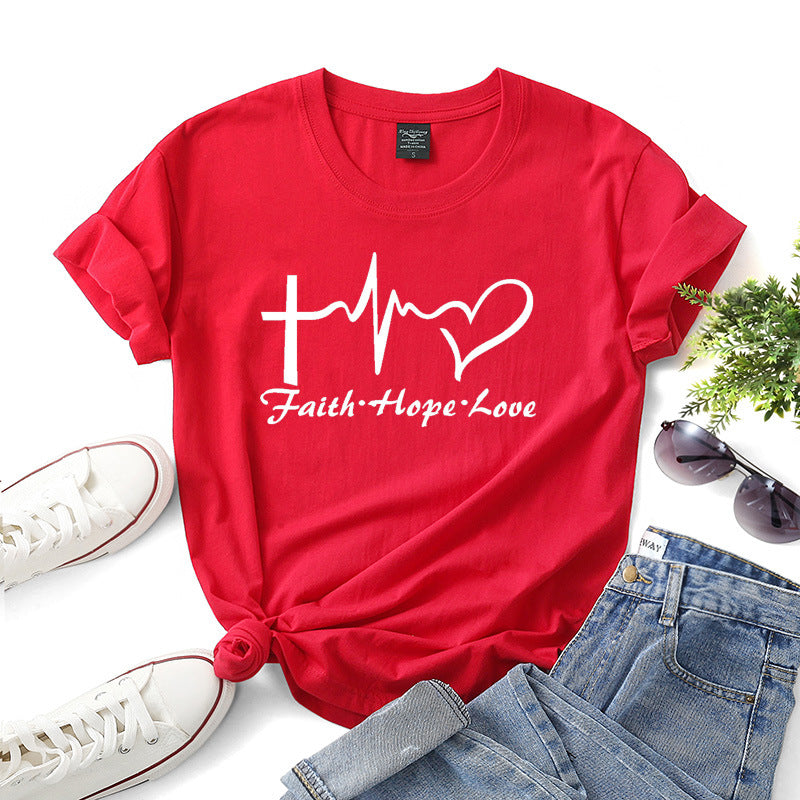 Faith Hope Love Letter Short-sleeved Cotton Bottoming Shirt - cas7m