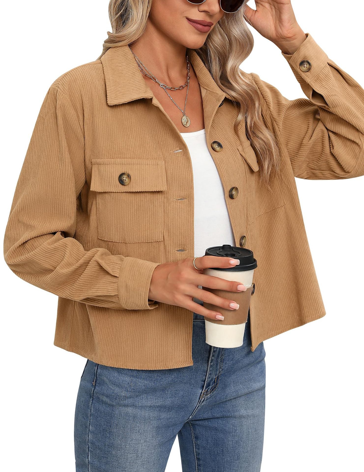 Corduroy Button Cropped Jacket For Women - cas7m