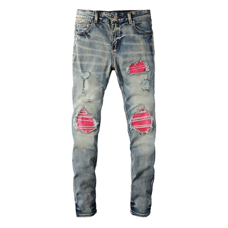 Men's Frayed And Worn Washed Ink Painting Slim Jeans - cas7m