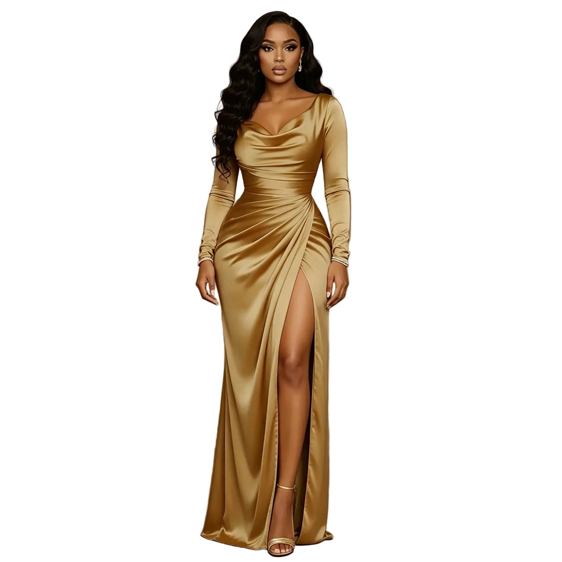 A woman stands in a warmly lit bedroom wearing a floor-length champagne gold satin gown with long sleeves, a draped neckline, and a high thigh slit.