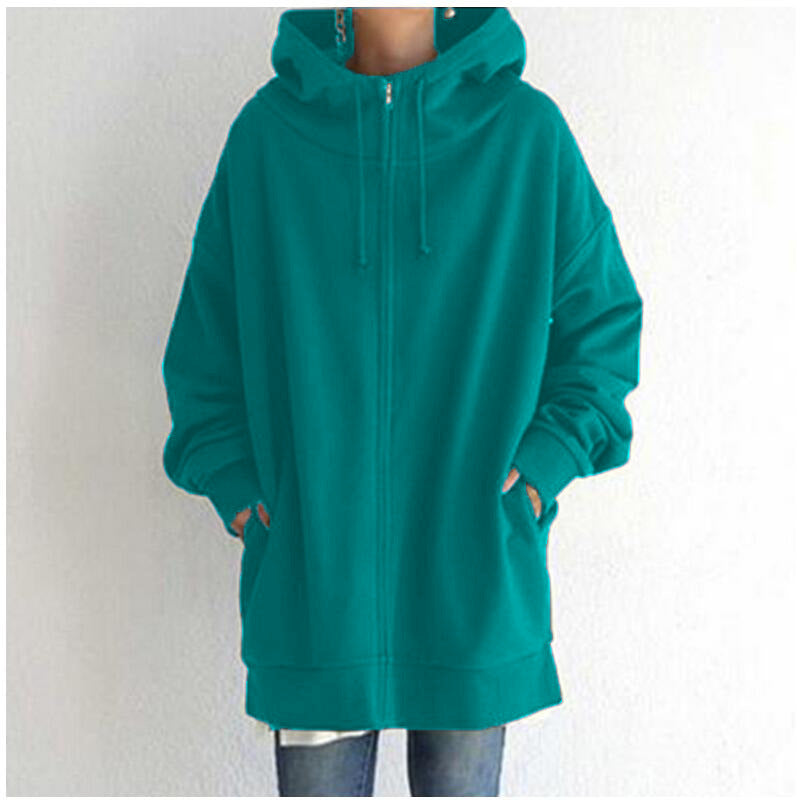 Oversized S-5XL Women Loose Hooded Coats Autumn Female Tie Collar Long Sleeve Zipper Up Add Velvet Long Sweatshirt - cas7m