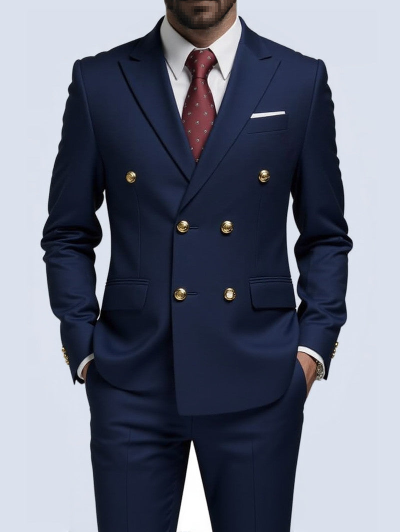 Business Non-Iron Two-Piece Suit With Double-Breasted Gold Buttons - cas7m