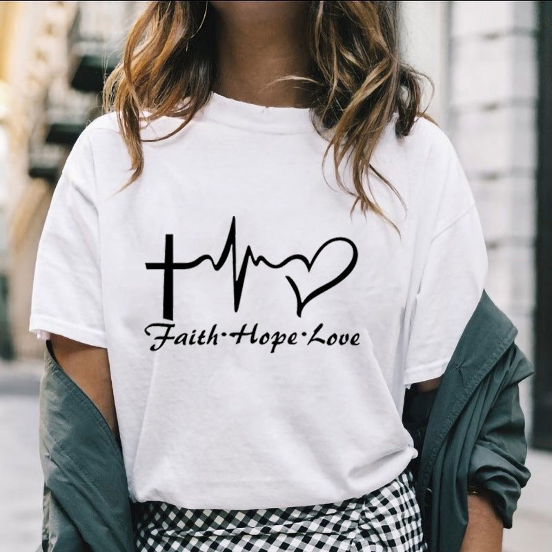 Faith Hope Love Letter Short-sleeved Cotton Bottoming Shirt - cas7m