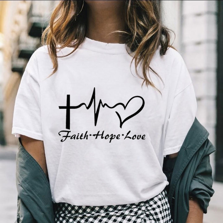 Faith Hope Love Letter Short-sleeved Cotton Bottoming Shirt - cas7m
