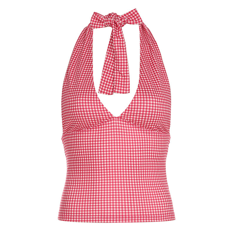 Printed Halter Strap Vest Girl Deep V-neck Strap Top - cas7m