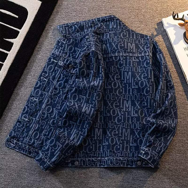 American Retro Heavy Printed Presbyopic Letter Denim Jacket - cas7m