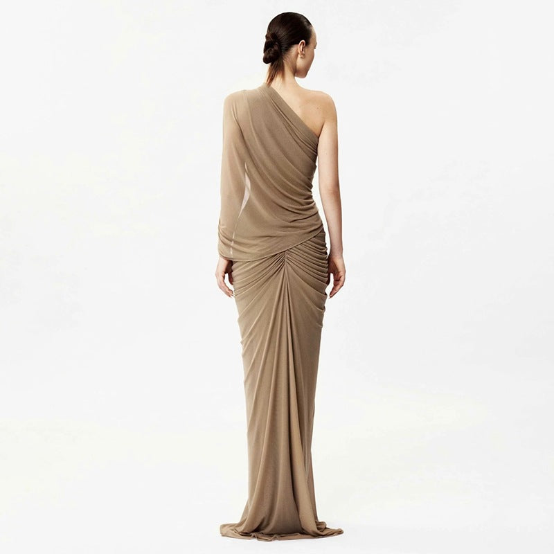 Women Vintage Pleated High Waist Irregular Hem Long Dress Sleeveless Slim Fit Casual Maxi Dress