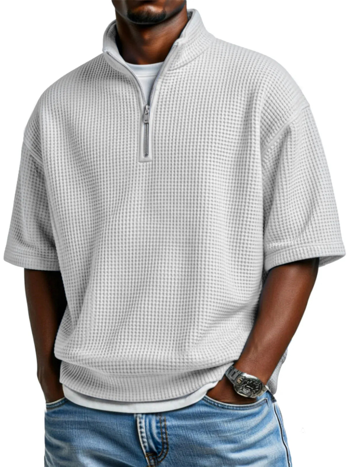 Waffle-knit Short-sleeve Polo Shirt For Men Loose-fitting Half-zip T-shirt - cas7m