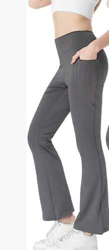Ladies Mid Waist Abdominal-shaping Slimming Cropped Pants Casual Pocket Bootcut Trousers - cas7m