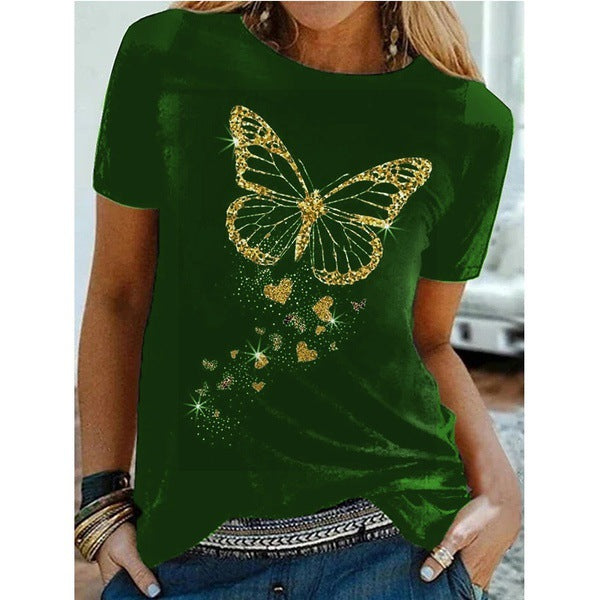 Butterfly Print Crew Neck Short Sleeve T-Shirt - cas7m