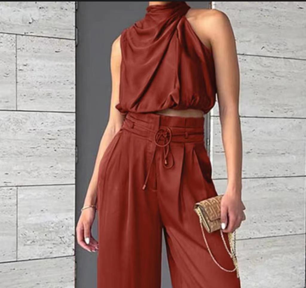 Women's Fashion Tops Wide-leg Pants Suit - cas7m