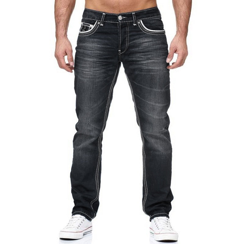Men's White Distressed Mid-rise Loose Straight-leg Jeans - cas7m