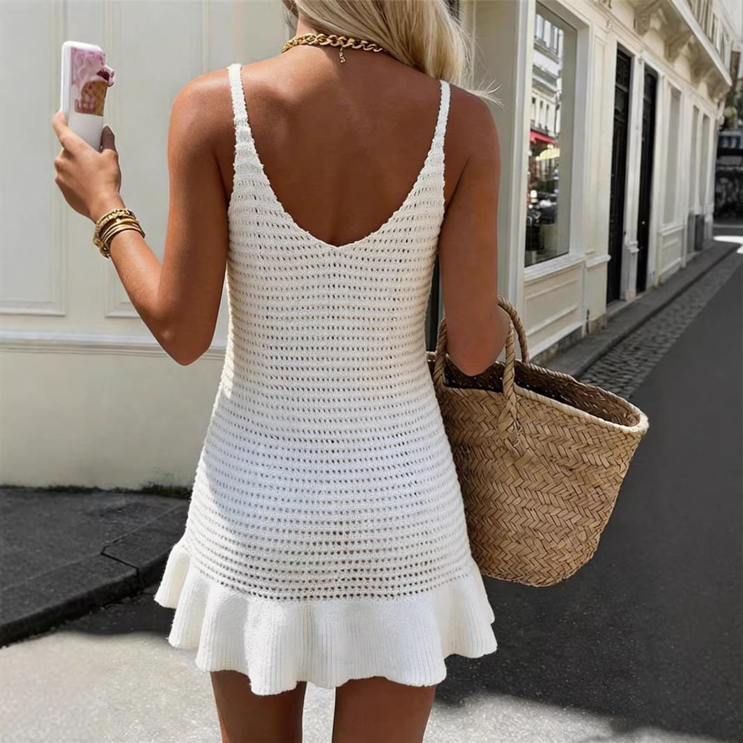 Womens Solid-color Sleeveless V-neck Dress With A Flounced Hem - cas7m