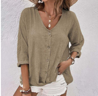 V-neck Long-sleeved T-shirt Fashion Solid Color Button Top Casual Loose Clothing For Women - cas7m