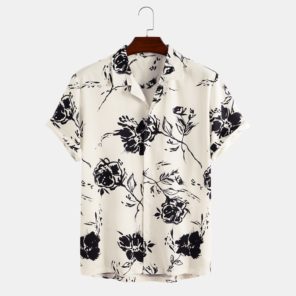 Men's Floral Short Sleeve Lapel Shirt - Cotton Polyester Blend - cas7m