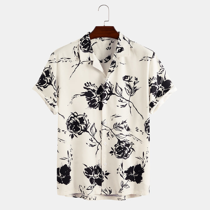 Men's Floral Short Sleeve Lapel Shirt - Cotton Polyester Blend - cas7m