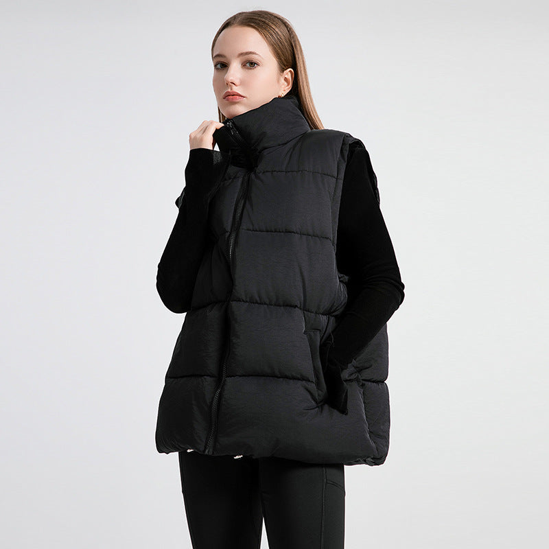 Women's Sleeveless Mid-length Stand-up Collar Thermal Down Cotton Thickened Vest - cas7m