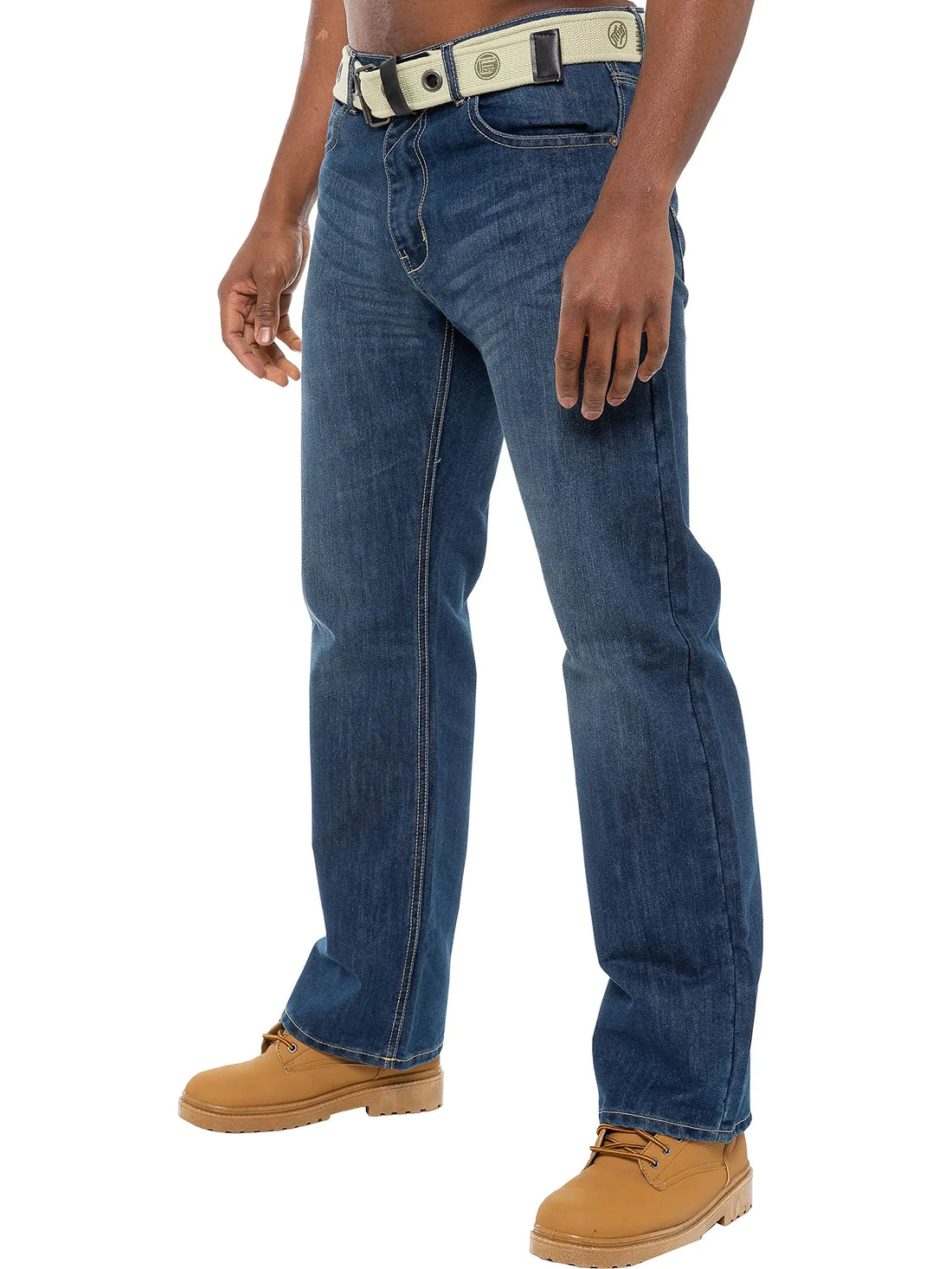 A person wearing blue denim jeans with a light beige belt and tan work boots, shown from the waist down on a plain white background.