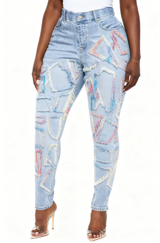 Patchwork Frayed Casual High-waisted Slim-fit Ripped Jeans - cas7m