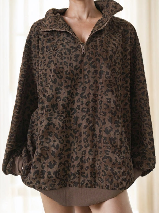 Women Casual Zip Up Front Long Sleeve Leopard Print Sweatshirt - cas7m