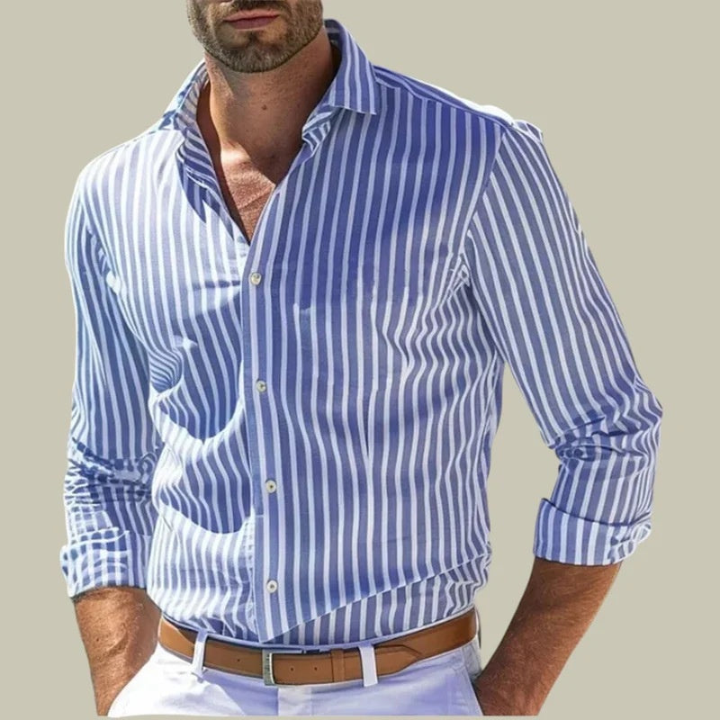 Ins Stripe Printed Long Sleeve Shirt Men Fashion Casual Lapel Button Top Clothing - cas7m