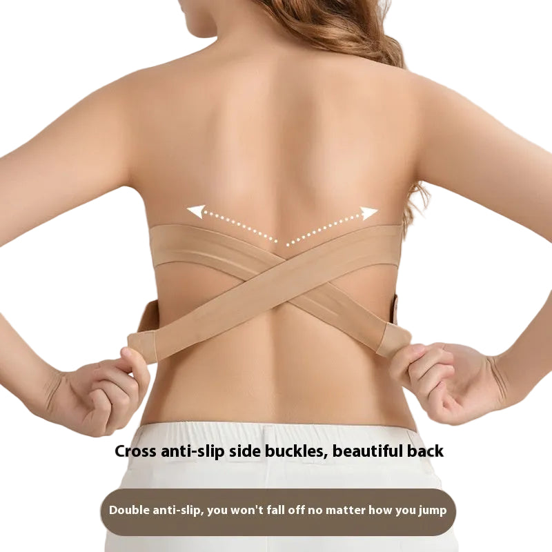 Women's Strapless Cross Side Buckle Non-slip Band Ice Ribbon Chest Pad - cas7m