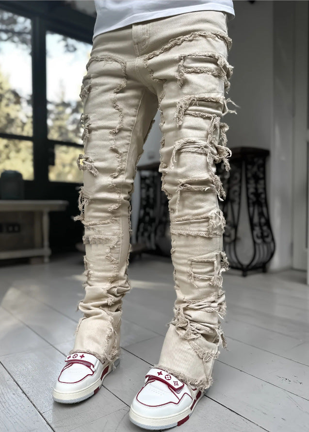 Ins Fringes Ripped Trousers Individual Patched Pants Long Tight Fit Stacked Jeans For Mens Clothing - cas7m