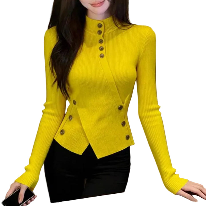 Autumn And Winter Retro Apricot Semi-high Neck Knitted Sweater Women's Fitted Base Shirt Long Sleeve Top - cas7m