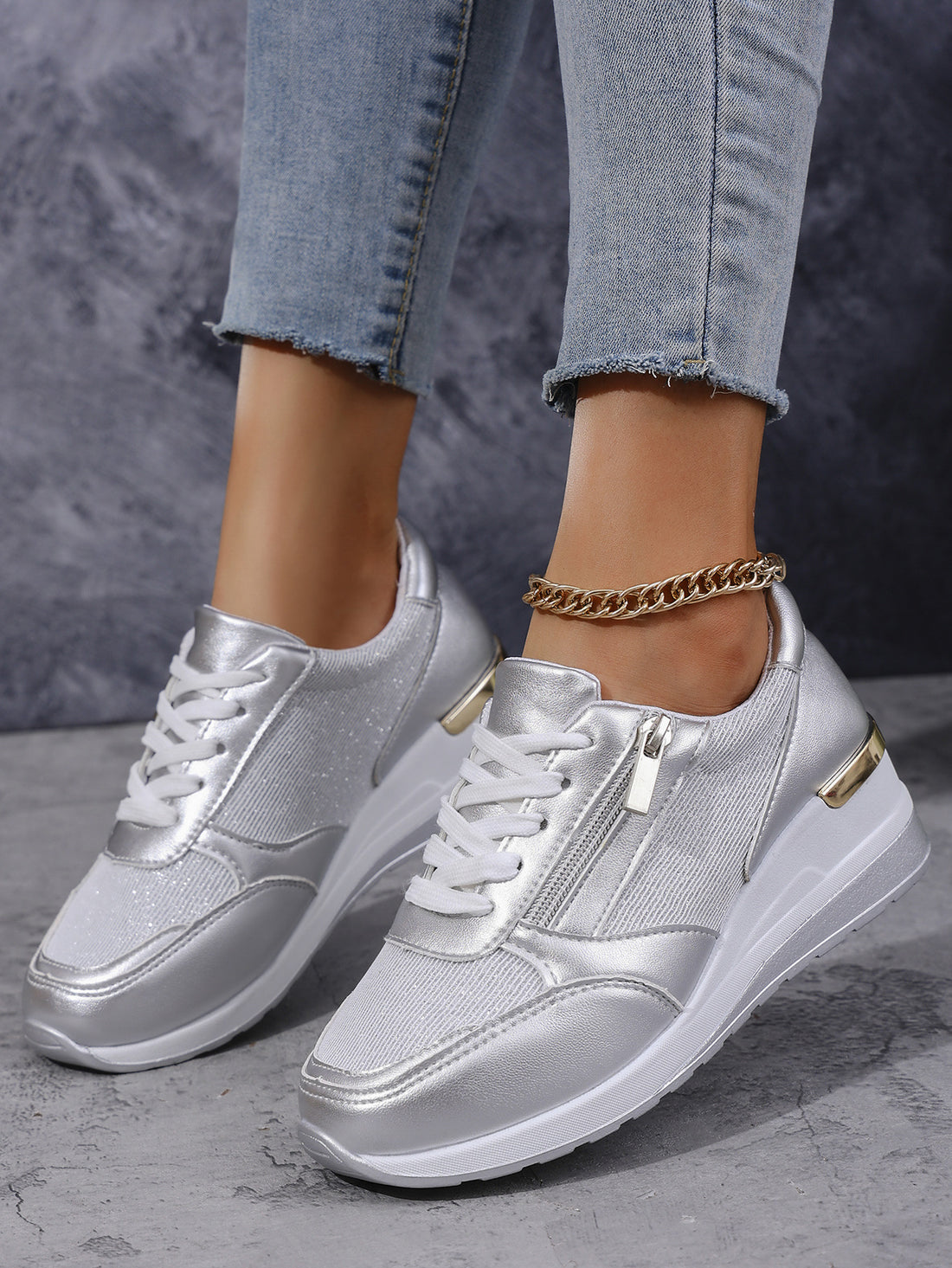 Women's Lace-up Casual Shoes FFashion Side Zipper Design Thick-soled Shoes Walking Running Sports Sneakers - cas7m