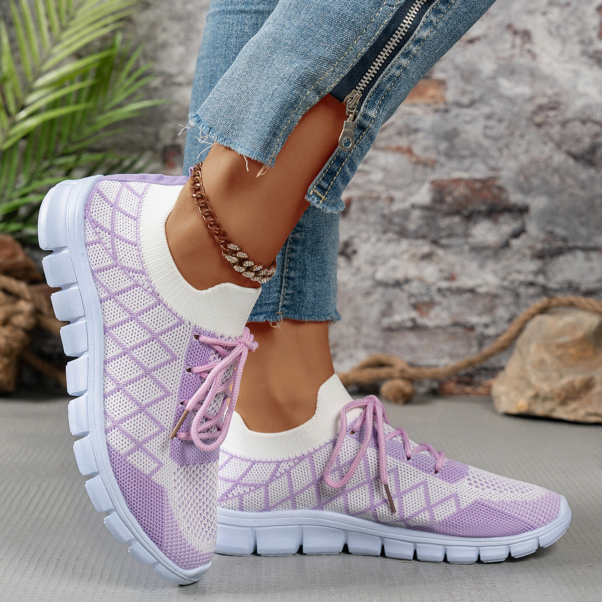 Colorblock Plaid Lace-Up Flyknit Sneakers Ins Mesh Casual Shoes Fashion Breathable Walking Running Sports Shoes For Women - cas7m