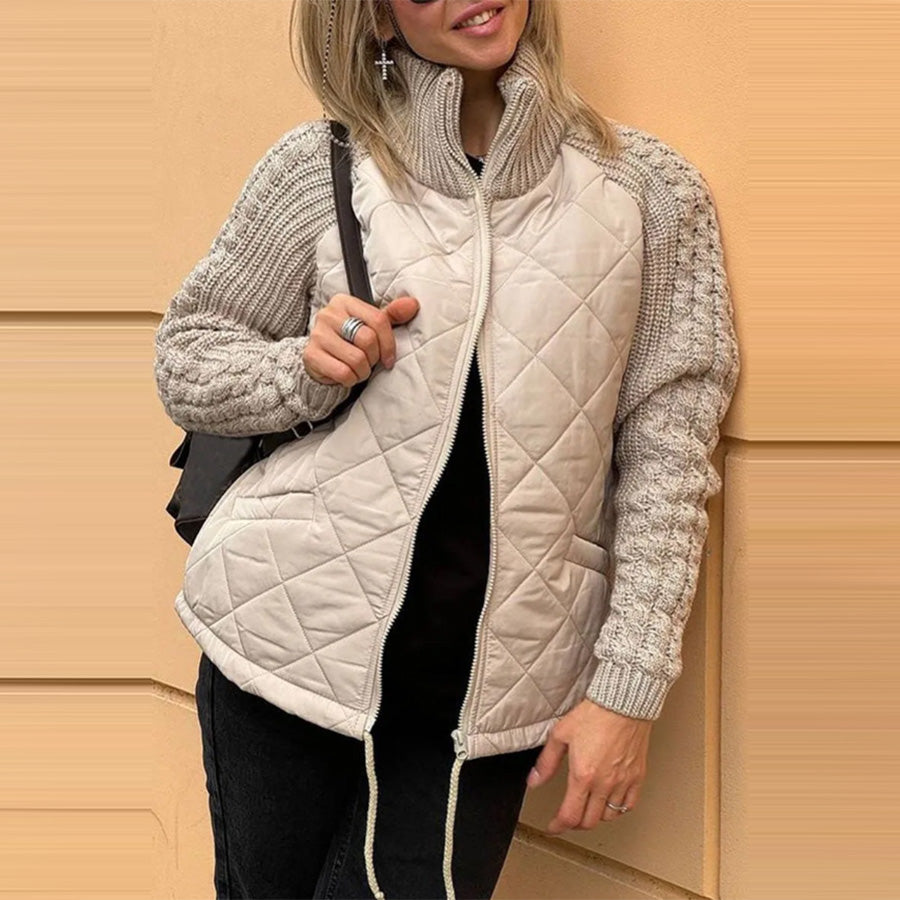Winter Stand Collar Cotton Jacket With Pockets Fashion Knitted Stitching Zipper Coat Warm Tops For Women Clothing - cas7m