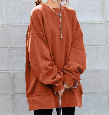 Autumn And Winter New Style Solid Color Mid-length Loose Round Neck Blouse Women - cas7m
