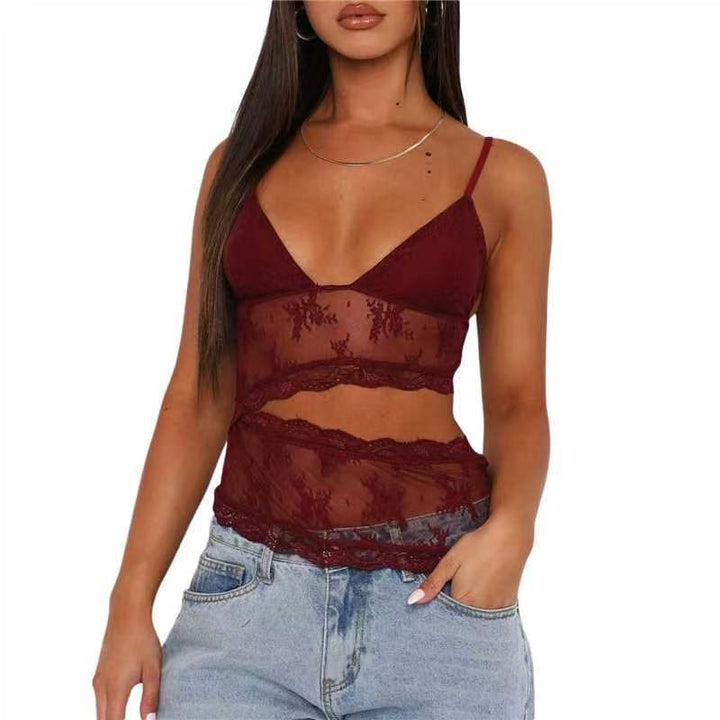 Lace Stitched Backless Small Sling Women V Neck Tank Top Underwear Vest Candy Color Bralette Clothes - cas7m