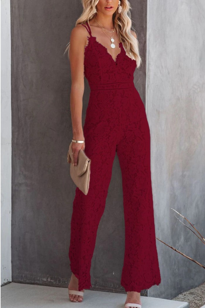Solid Color Lace Stitching Sleeveless Casual Suspender Jumpsuit - cas7m