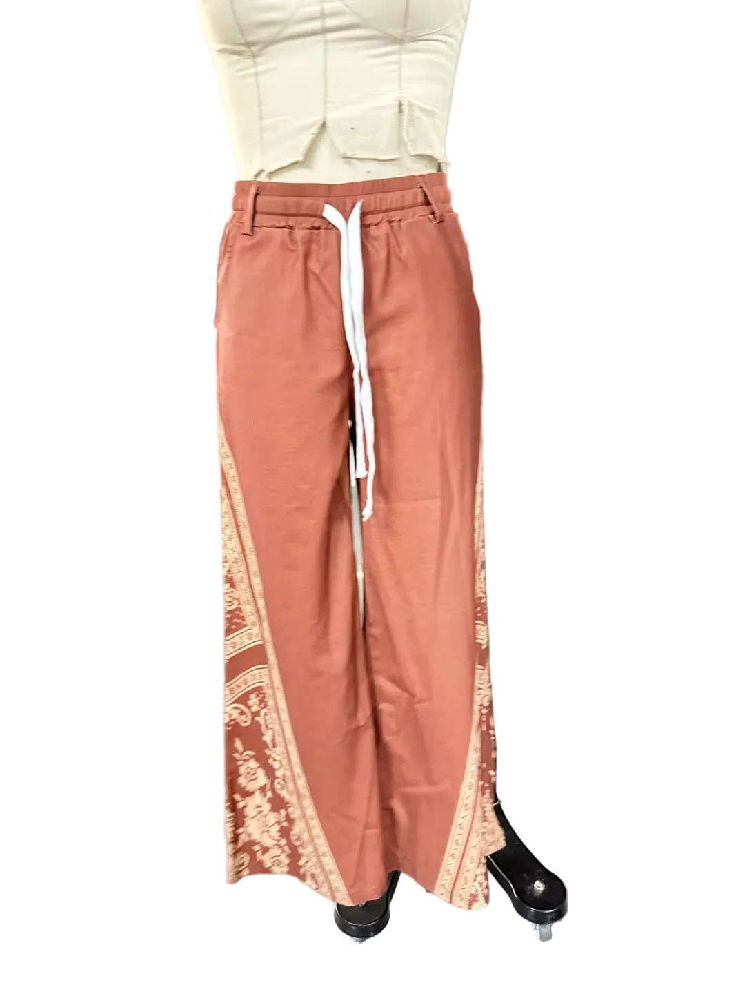 Women's Retro Patchwork Wide-Leg Pants, High-Waisted Drape Flared Pants, Ethnic Style Tie Casual Pants - cas7m