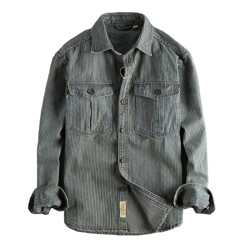 Men's Striped Cotton Cardigan - Antique Blue & White, Sizes M-3XL - cas7m