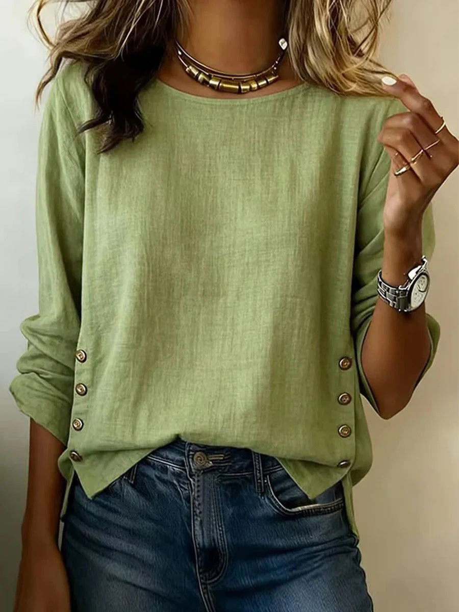 Summer Solid Color Round Neck Casual Loose Cotton And Linen Top For Women - cas7m