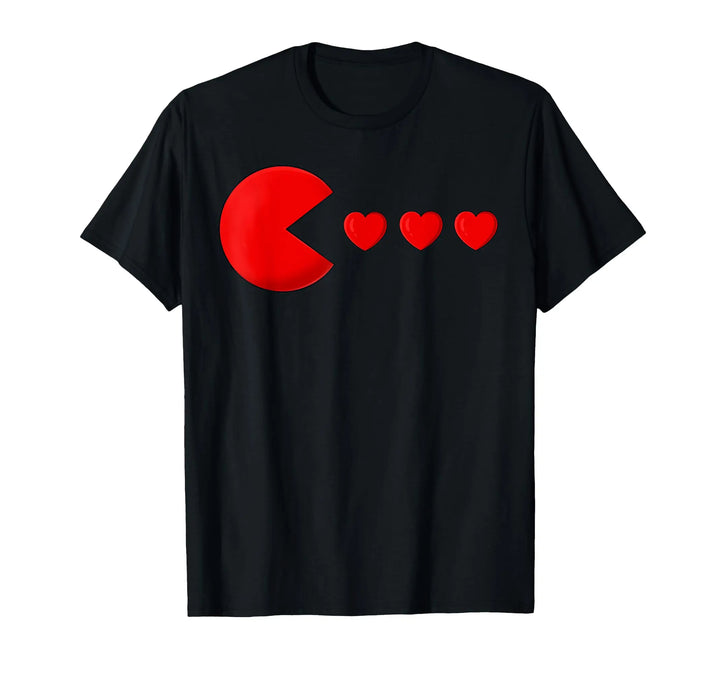 A black short-sleeve crewneck t-shirt featuring a red graphic of a classic Pac-Man style mouth shape followed by three red hearts on the chest, displayed against a solid white background.