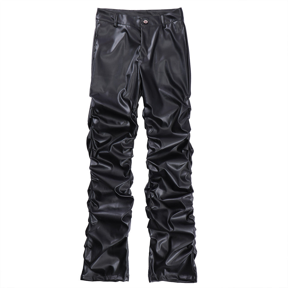 Men's Loose Casual Shiny Wrinkled Leather Pants - cas7m