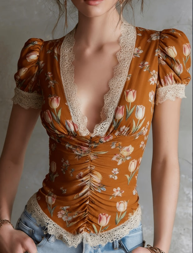 French Retro Style Lace Patchwork Printed Puff Sleeve Top For Women - cas7m