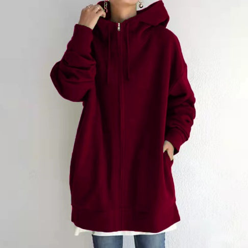 Oversized S-5XL Women Loose Hooded Coats Autumn Female Tie Collar Long Sleeve Zipper Up Add Velvet Long Sweatshirt - cas7m
