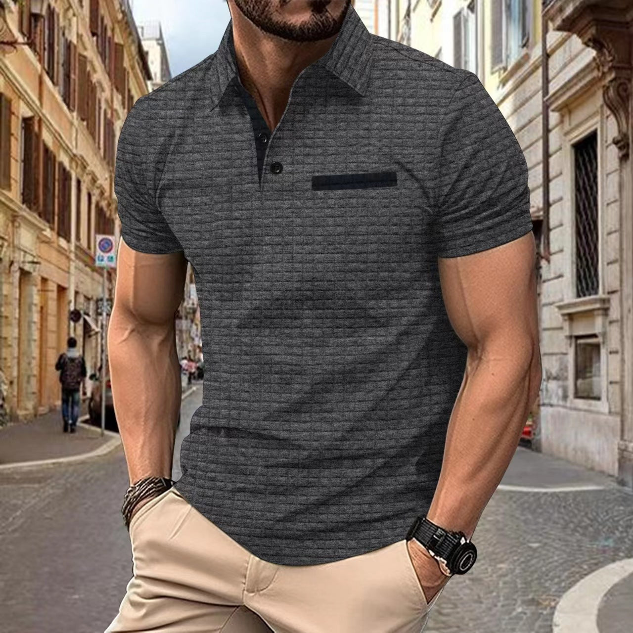 Button Jacquard Plaid Men's Sports Polo Shirt Men - cas7m