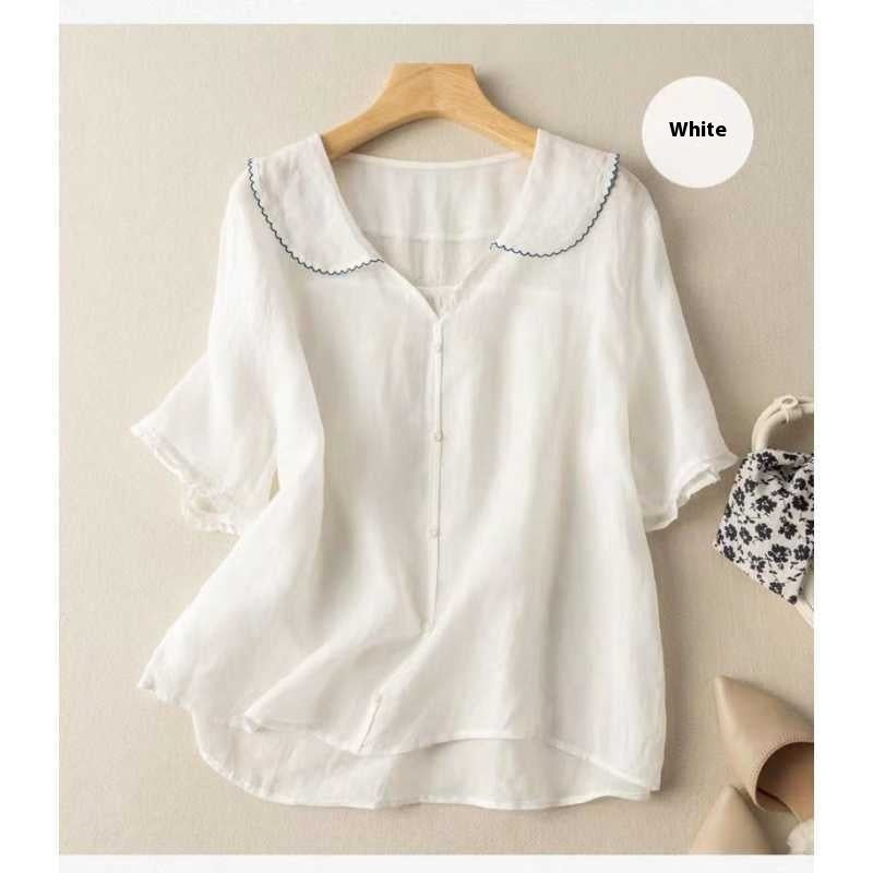 Women's Ramie Artistic Retro Cotton And Linen Doll Collar Loose Top - cas7m