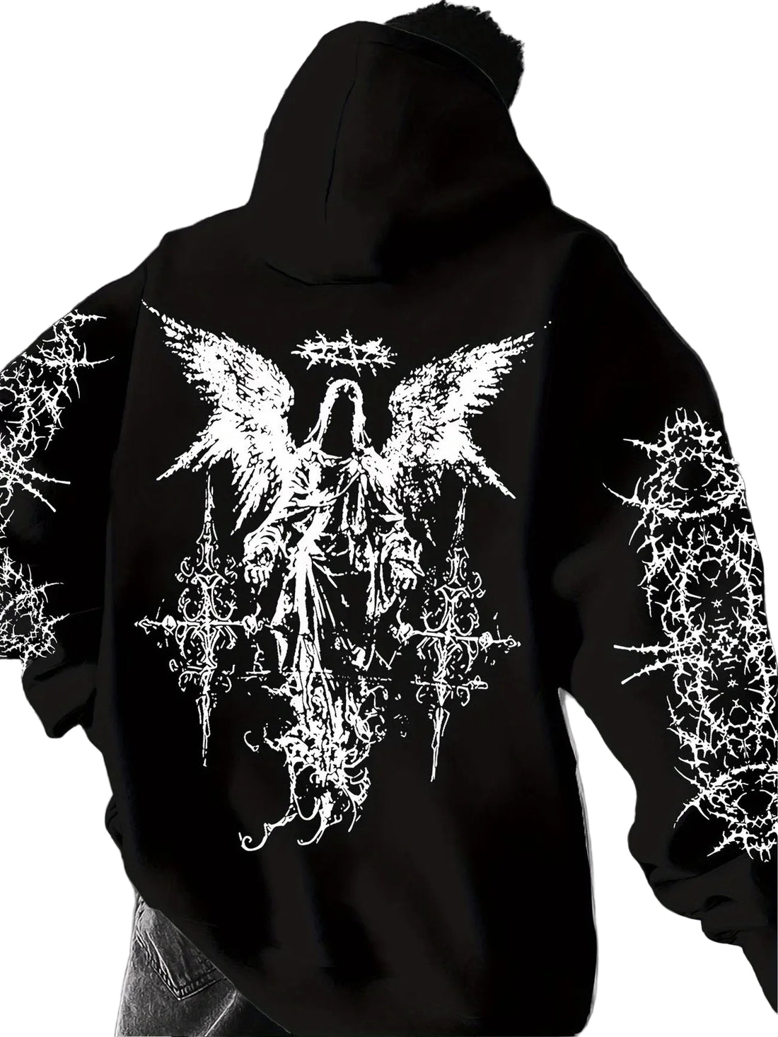Black hoodie with white angelic design worn by a person against a textured wall.