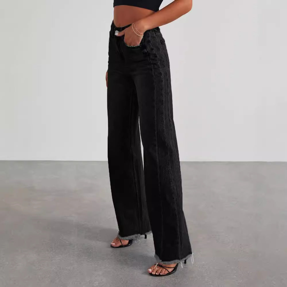 Fashion High Waist Jeans With Pockets Comfortable Slim Fit Straight Wide-leg Pants Womens Clothing - cas7m