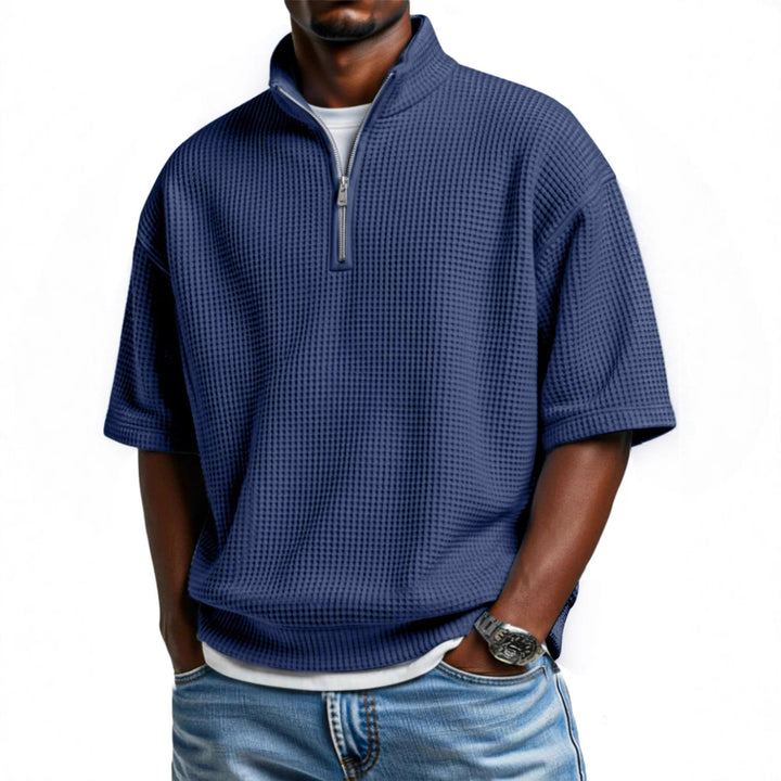 Waffle-knit Short-sleeve Polo Shirt For Men Loose-fitting Half-zip T-shirt - cas7m