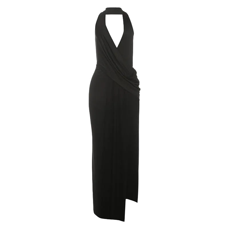 A black halter-neck midi dress with a draped wrap-style bodice and side slit, shown on a plain white background.