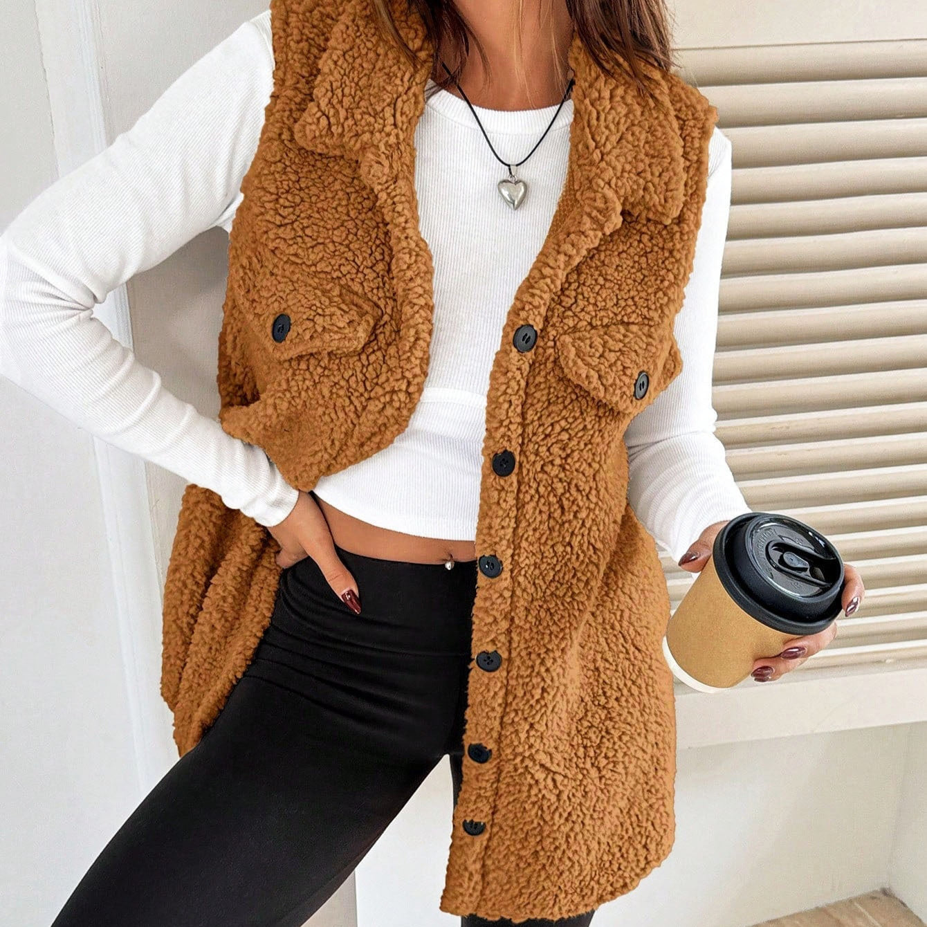 Lapels Open Button Plush Vest Cardigan - cas7m